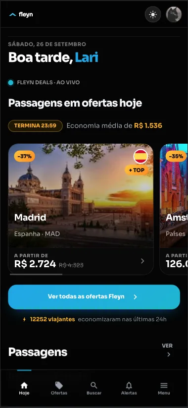 Tela inicial real do app Fleyn com ofertas de passagens