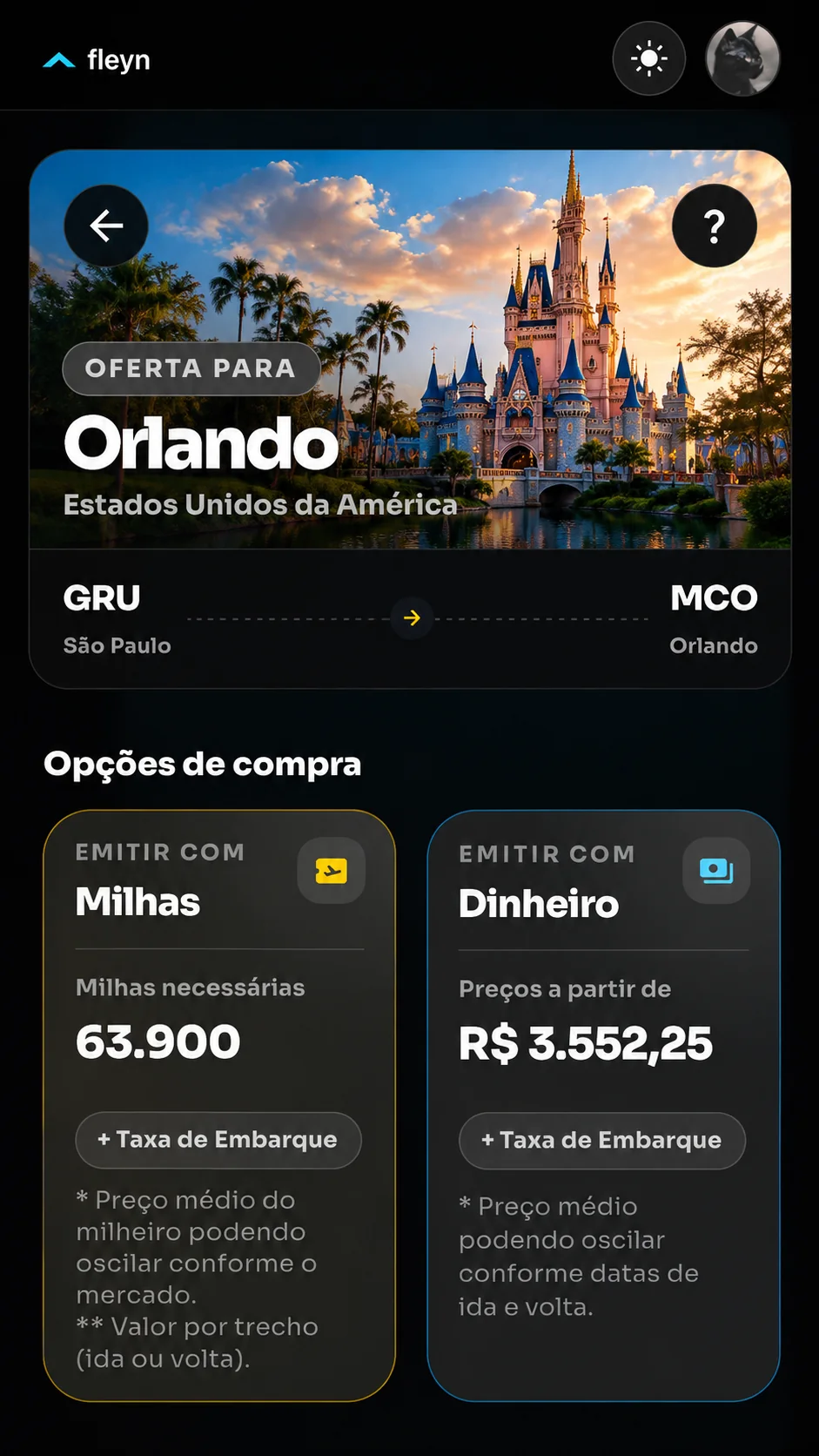 Print real de oferta Fleyn para Orlando com opções em dinheiro e milhas