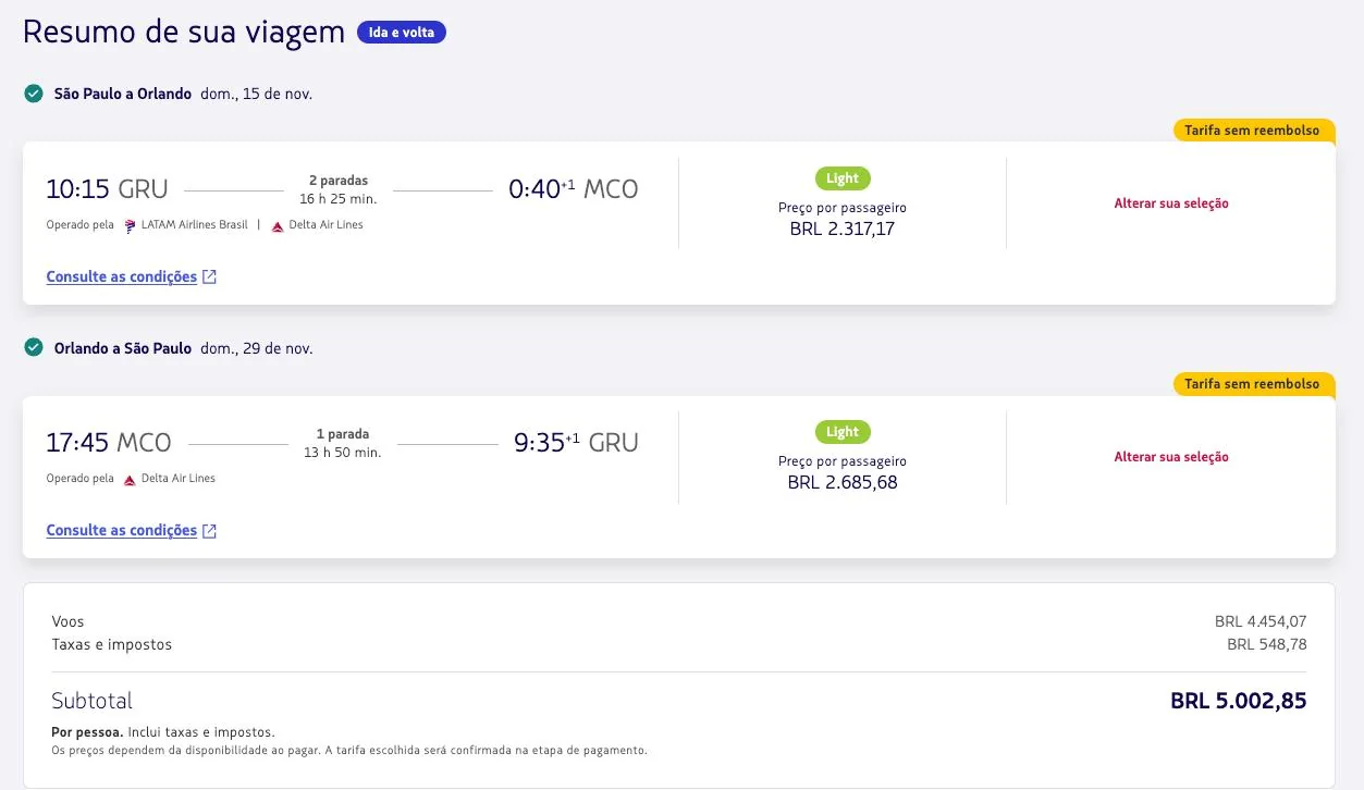 Cotação tradicional de passagem São Paulo–Orlando por R$ 5.002,85